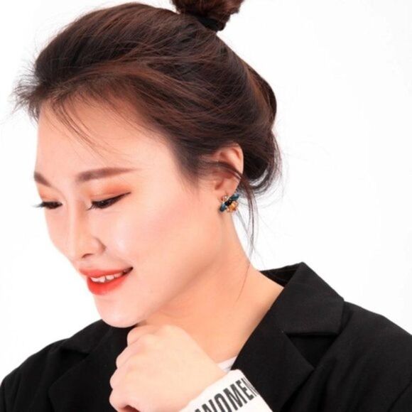 Blue Enamel Glaze Mismatch Crystal Bee Asymmetrical Gold Statement Drop Earrings - Picture 6 of 13